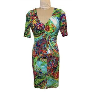Joseph Ribkoff Colorful Stretch Ruched Dress Sz. 6 Wearable Art Flattering